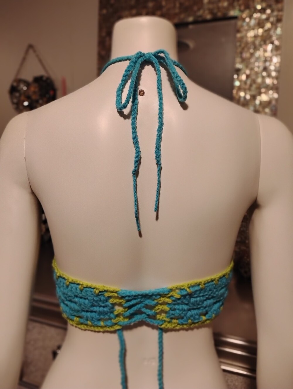 Handmade Crochet Bralette - Turquoise with Lime Trim - Picture 5 of 11